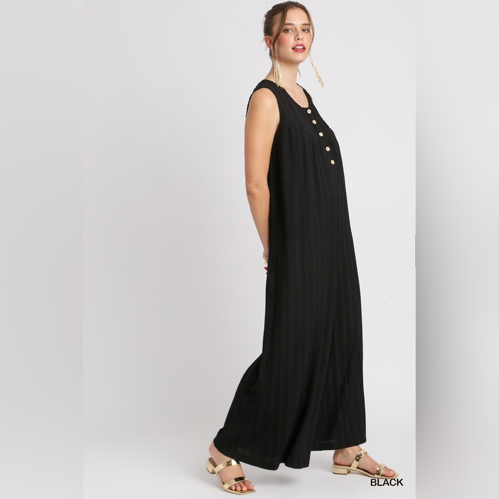 Umgee Black Sleeveless Wide-Leg Jumpsuit with Gold Buttons - Picture 4 of 12